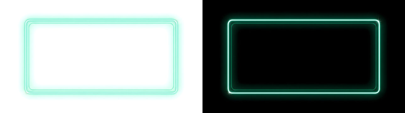 Green neon rectangle frame glowing brightly with rounded corners for banner and social media designs in PNG, Transparent and Black Background Versions