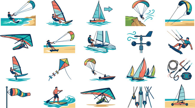 Vector graphic set of extreme wind and water sports featuring kitesurfing windsurfing hang gliding paragliding and sailing recreation elements