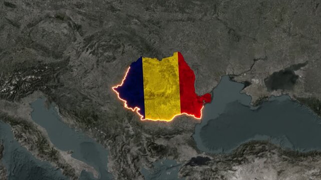 Animated ROMANIA Map Filled with Flag with animated Golden Border