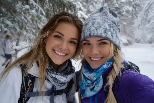 Happy young women taking winter selfie in snowy forest