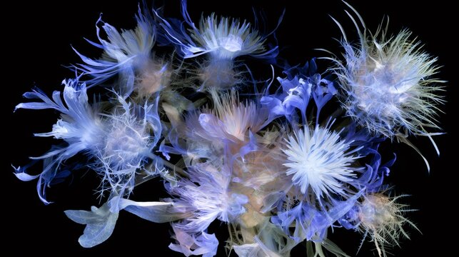 Blue translucent thistle flowers on black background
