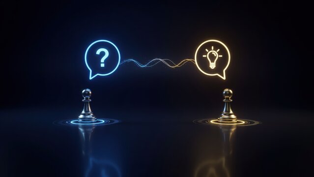 Chess pawns with question and lightbulb icons