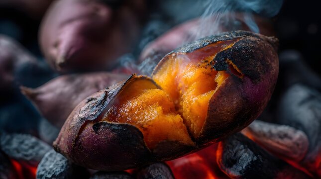 Roasted sweet potato split open steaming over hot coals