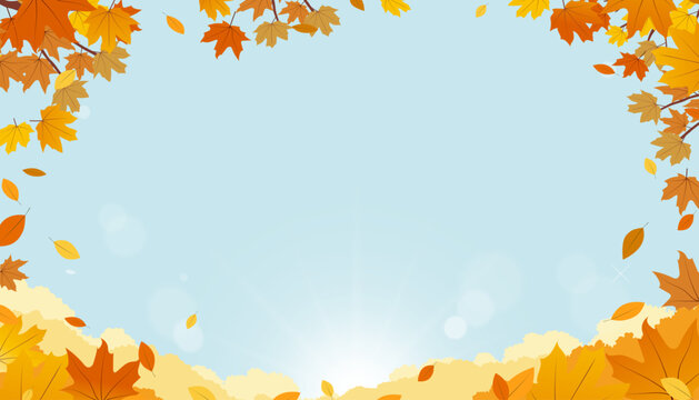 Autumn Panoramic Sky Blue Background With Orange Red Maple Leaves.Autumn Sunrise Sky and Yellow Layered Clouds, Cartoon Vector Illustration For Fall Season,Thanksgiving Banner Nature Design.