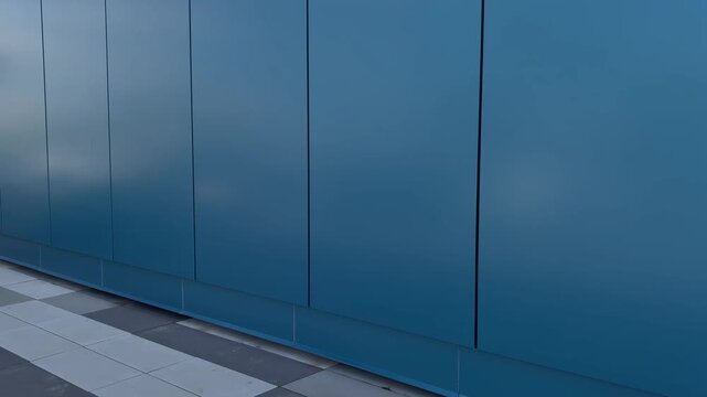 Urban garden design featuring hydrangea flowers and a contemporary blue paneled facade reflecting the sky, showcasing modern architecture and landscaping concepts