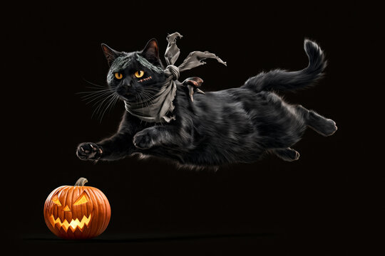 Black cat in zombie costume hissing beside glowing jack-o-lantern, torn scarf and stitched face, Halloween on black background