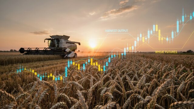 Combine harvester in wheat field with financial chart