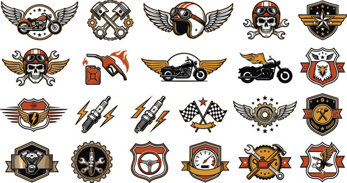 Vintage motorcycle and chopper badge vector set featuring biker skulls winged helmets pistons spark plugs flags and retro garage mechanic emblems