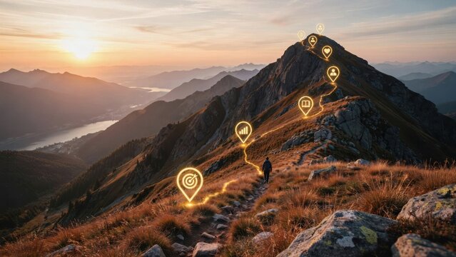 Hiker climbing mountain with digital goal markers