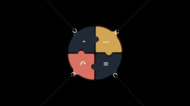 Four interconnected puzzle pieces with minimalist icons on a black background jigsaw puzzle business concept teamwork problem solving infographic