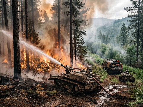 Firefighting Vehicle Spraying Water on Forest Wildfire