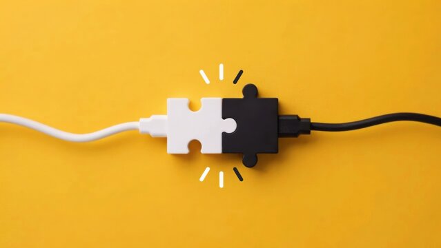 Connecting white and black puzzle pieces with cables