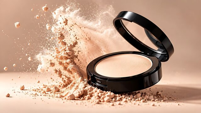 Dynamic explosion of face powder compact for beauty brand advertising and skin tone foundation campaign