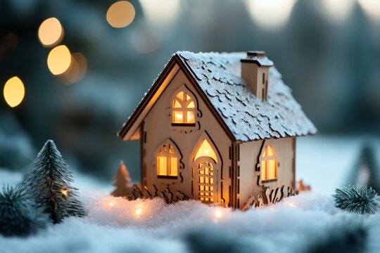 Wooden miniature house glowing in snowy winter village