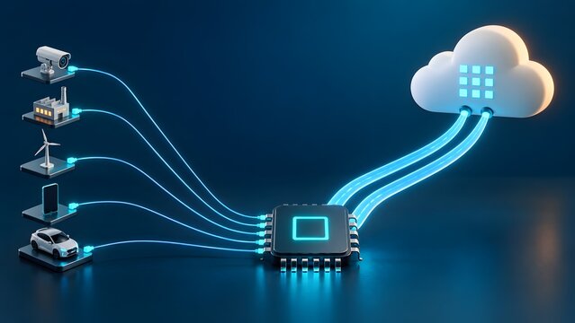 Internet of things concept with smart devices connected to a central processor and cloud computing network infrastructure in 3D glowing design.