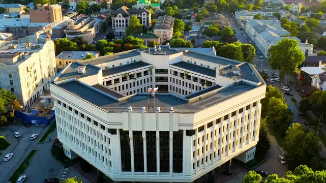 Simferopol, Crimea. State Council of the Republic of Crimea. City center panorama at sunset time. Drone footage