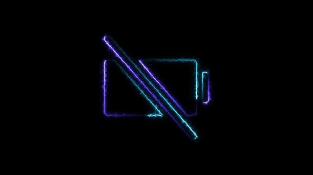 Glowing neon battery charge icon with a slash symbol showing no power or empty battery status