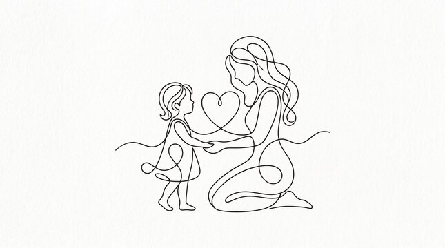 Heartwarming continuous line art of a mother and daughter holding hands inside a heart shape, symbolizing unconditional love, family connection, trust, and togetherness.