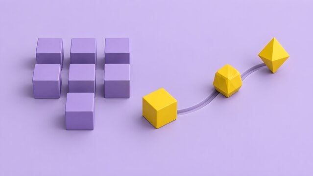 3D concept of transformation and evolution showing a yellow shape breaking away from purple cubes and evolving into a new geometric form.