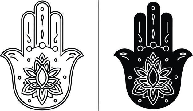 Set of two hamsa hand vector symbols with lotus flower design elements for spiritual spiritual and cultural decorative art