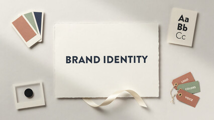 Fototapeta premium A flat lay composition featuring a white card with the text brand identity, surrounded by color swatches, a small alphabet card, a black circle icon, and three small hanging tags on a light background