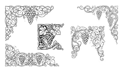 Obraz premium Black and White Grape Vine Corner Ornaments Decorative Botanical Vector Set