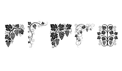 Obraz premium Five Grape Leaf Vine Corner Decoration Black Silhouette Vector Ornaments