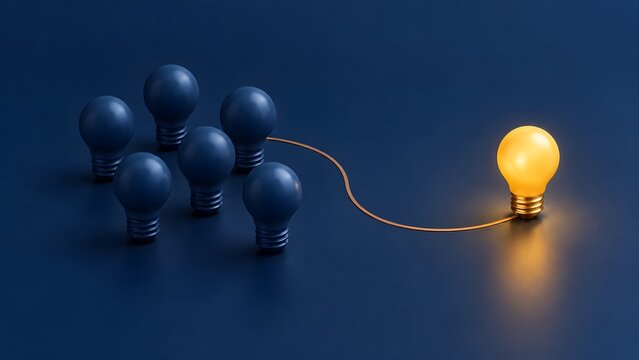 3D glowing lightbulb standing out from a group of dark bulbs connected by a wire representing creative ideas innovation and business leadership.
