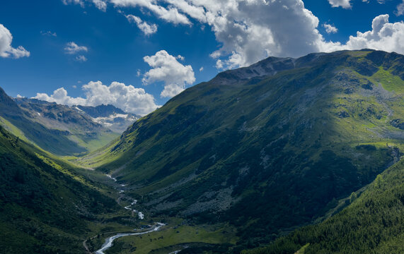 Breathtaking panorama of morning wild nature high in mountains