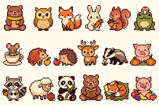 A cute animal pixel art featuring various adorable creatures in playful poses and vibrant colors