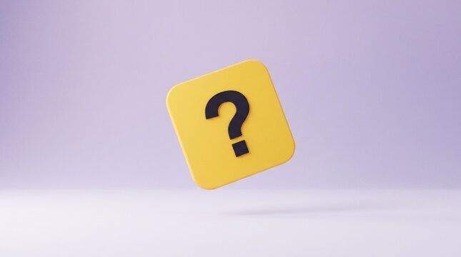 Floating yellow tile with bold question mark radiates curiosity in purple glow, symbolizing mystery, inquiry, and the endless search for answers in abstract space.