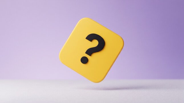 Floating yellow tile with bold question mark radiates curiosity in purple glow, symbolizing mystery, inquiry, and the endless search for answers in abstract space.