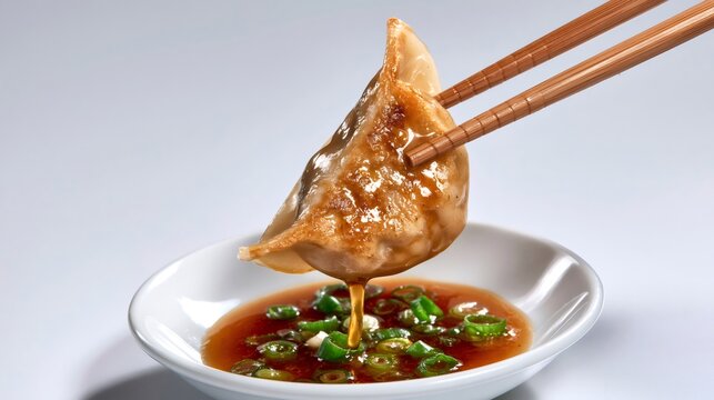 Gyoza dumpling dipping into soy sauce with chopsticks