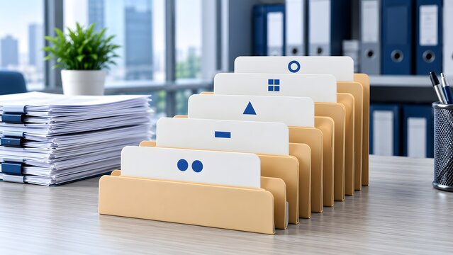 Organized office desk with geometric shape labeled manila folders in a rack alongside stacks of paperwork for business management
