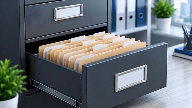 Open drawer of a modern filing cabinet filled with neatly arranged manila folders for business record management