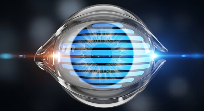 Cybernetic eye featuring glowing blue digital iris lines and transparent lens.