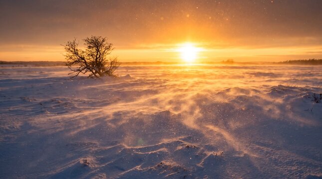 Snowy winter landscape with sunset and blowing snow in a field  
