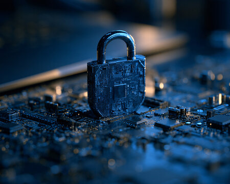 Padlock on circuit board symbolizing robust digital security, data protection, and safeguarding sensitive information in the technological landscape