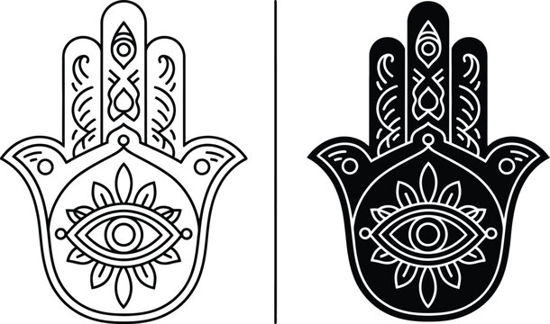 Two hamsa hand symbols with decorative intricate patterns and central eye motifs in black and white styles