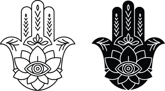 Two hamsa hand symbols with lotus flower and eye design elements