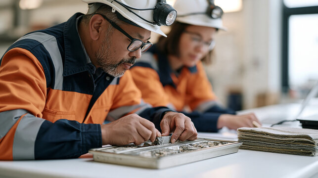 Mining engineer disassembling a core sample tray for geological study on a sterile white lab surface, a stack of folded geotextile fabric material beside the tray, working