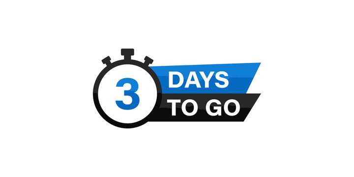 Graphic stopwatch countdown sticker showing three days remaining with blue and black accents.