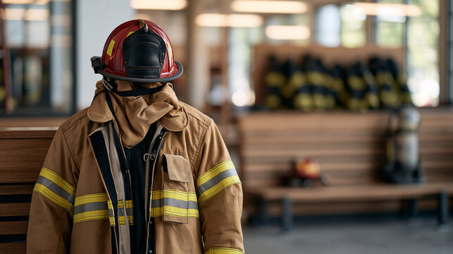 Close-up of a firefighter's structural turnout coat hanging open to show layered thermal protection liner, nomex hood draped over the collar, helmet and SCBA tank visible on bench
