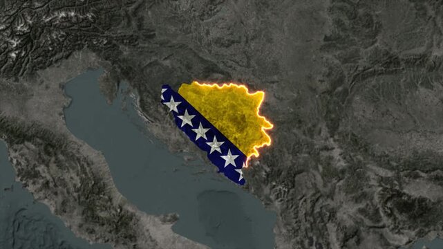 Animated Bosnia and Herzegovina Map Filled with Flag with animated Golden Border