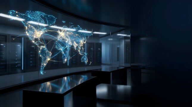 A modern data center with glass walls features a glowing blue and gold digital world map. Global connection lines illustrate communication and data transfer routes between major cities, emphasizing wo
