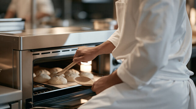 A pastry chef tapping wooden spoon against thigh seven times before opening competition judging oven, professional kitchen heat, culinary contest stress, gastronomic performance