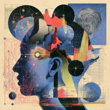 Surreal brain concept head profile silhouette with complex technical diagrams geometry maps planets and digital nodes for artificial intelligence mind consciousness banner art