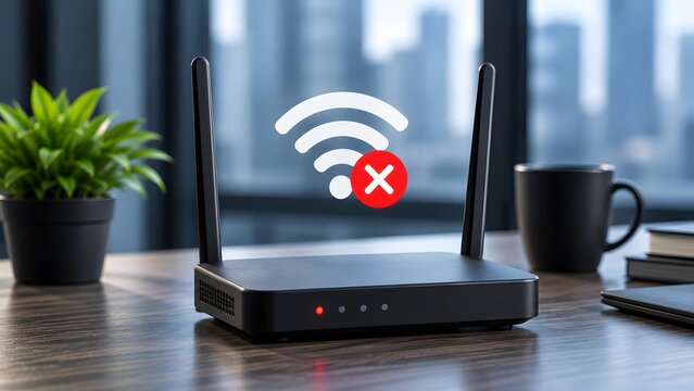 Wireless router on an office desk with a red cross wifi symbol representing lost internet connection network failure or offline status