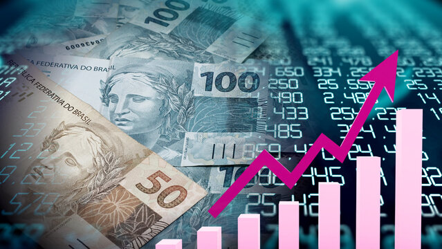 Brazilian economic growth, the Brazilian real, and a rising stock market chart. Growth and recovery of the Brazilian market. Brazilian real banknotes featuring the Effigy of the Republic 