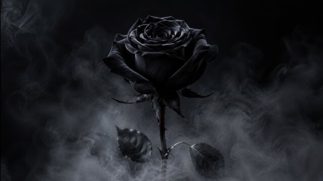 Black Rose Surrounded By Mysterious Smoke On Dark Background